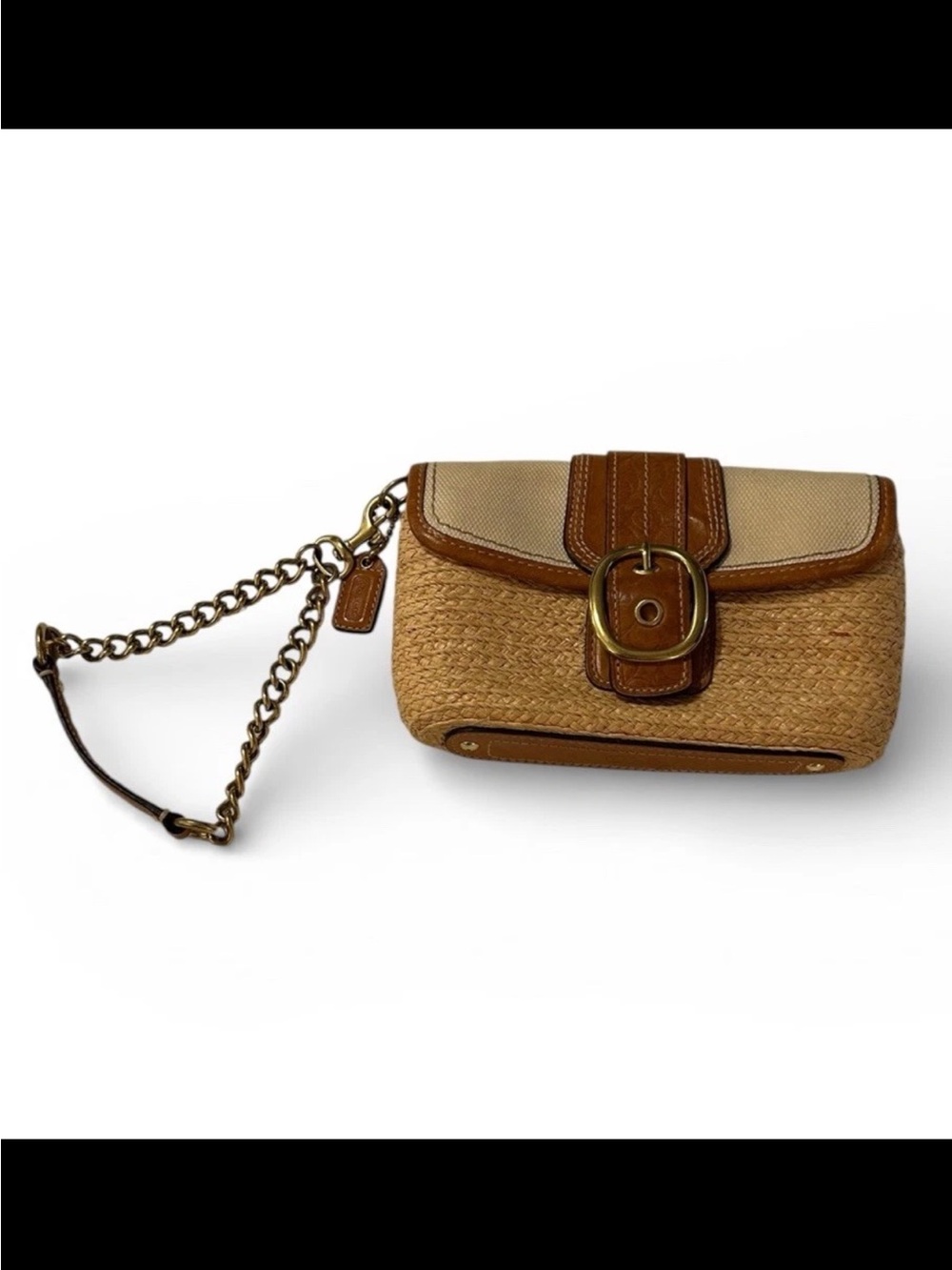 Coach Wristlet/Clutch Natural Woven Straw, Toffee Leather Trim, Cream Canvas